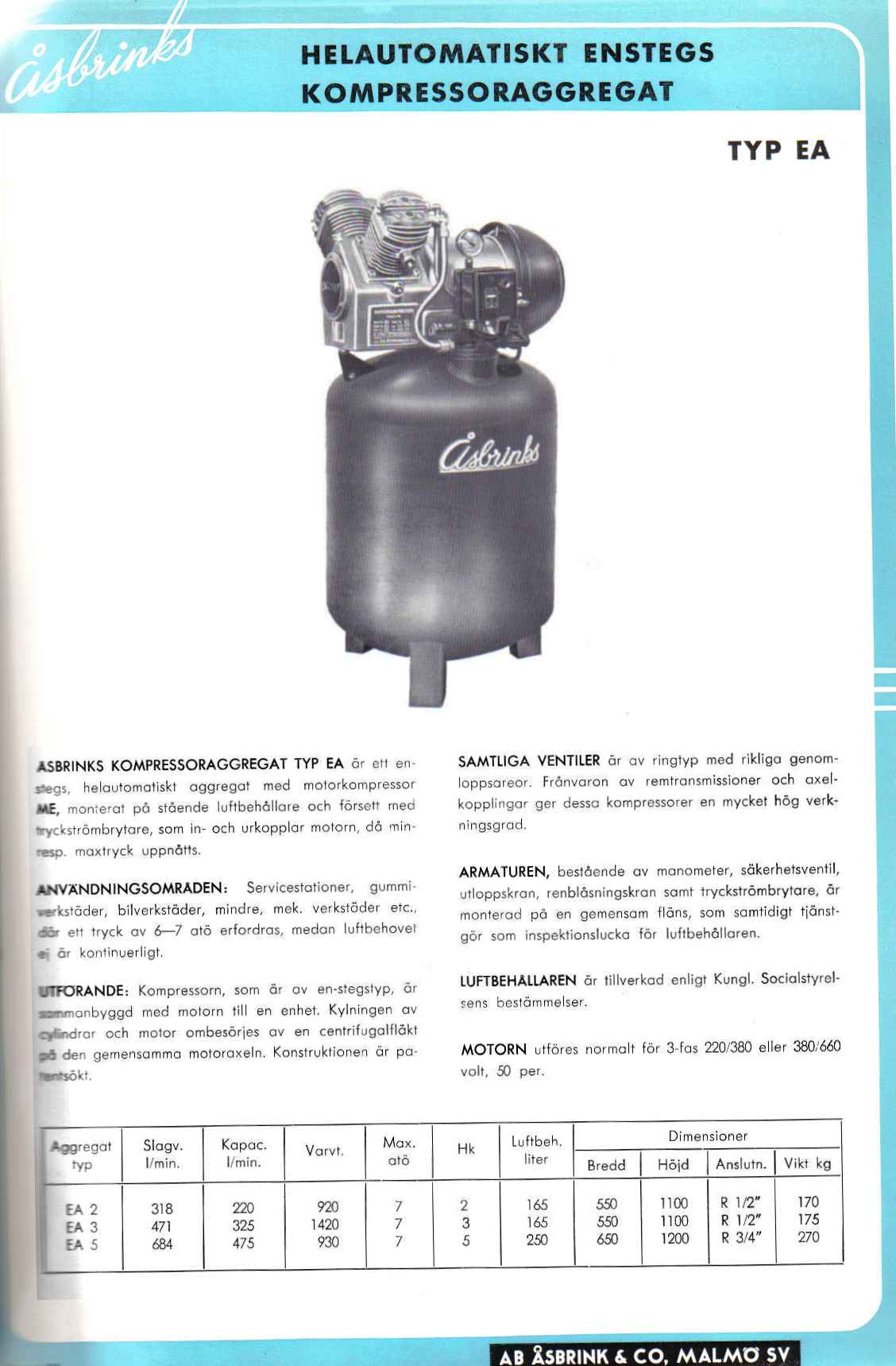 Helautomatisk kompressoraggr. typ EA  1950 70  talet 1