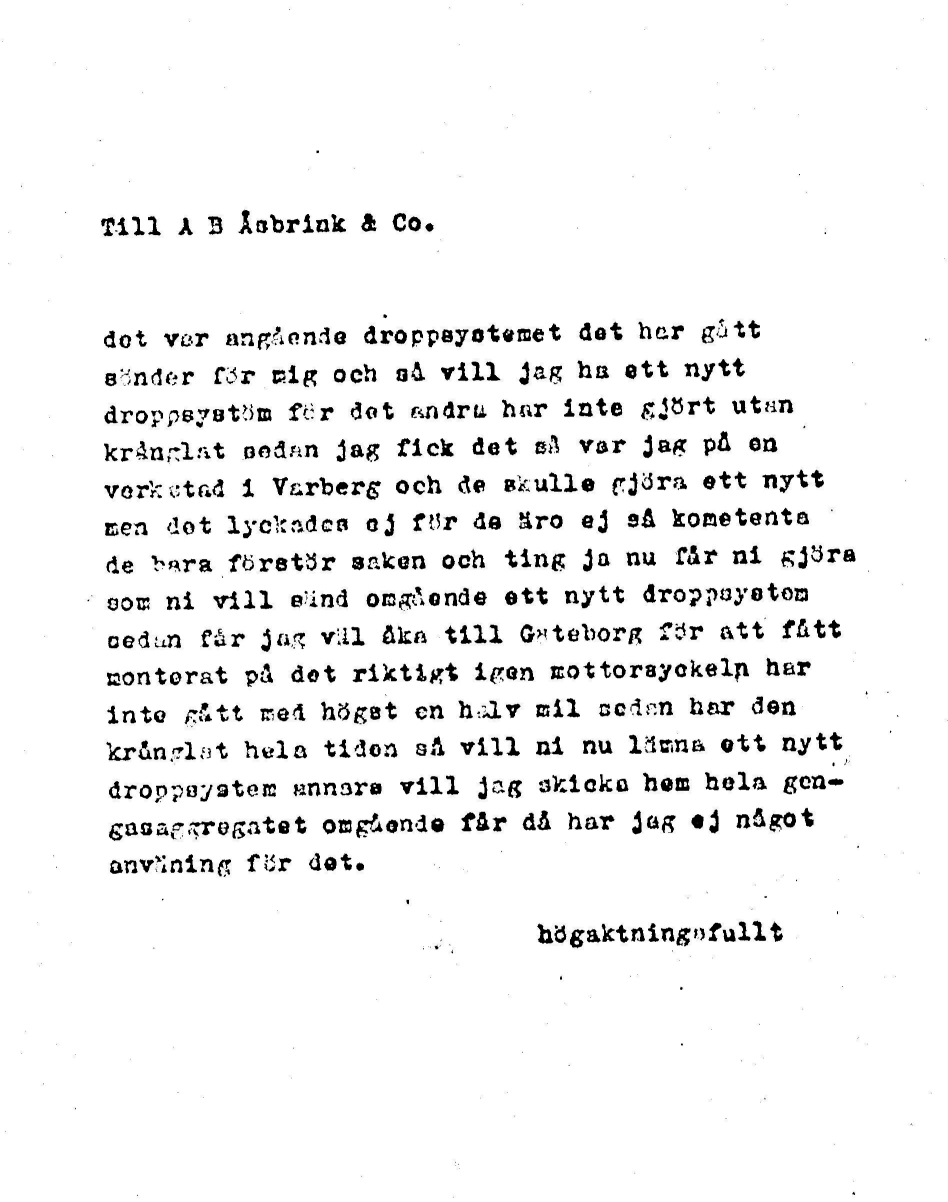 Kundbrev ang. gengasaggregat  1940 talet